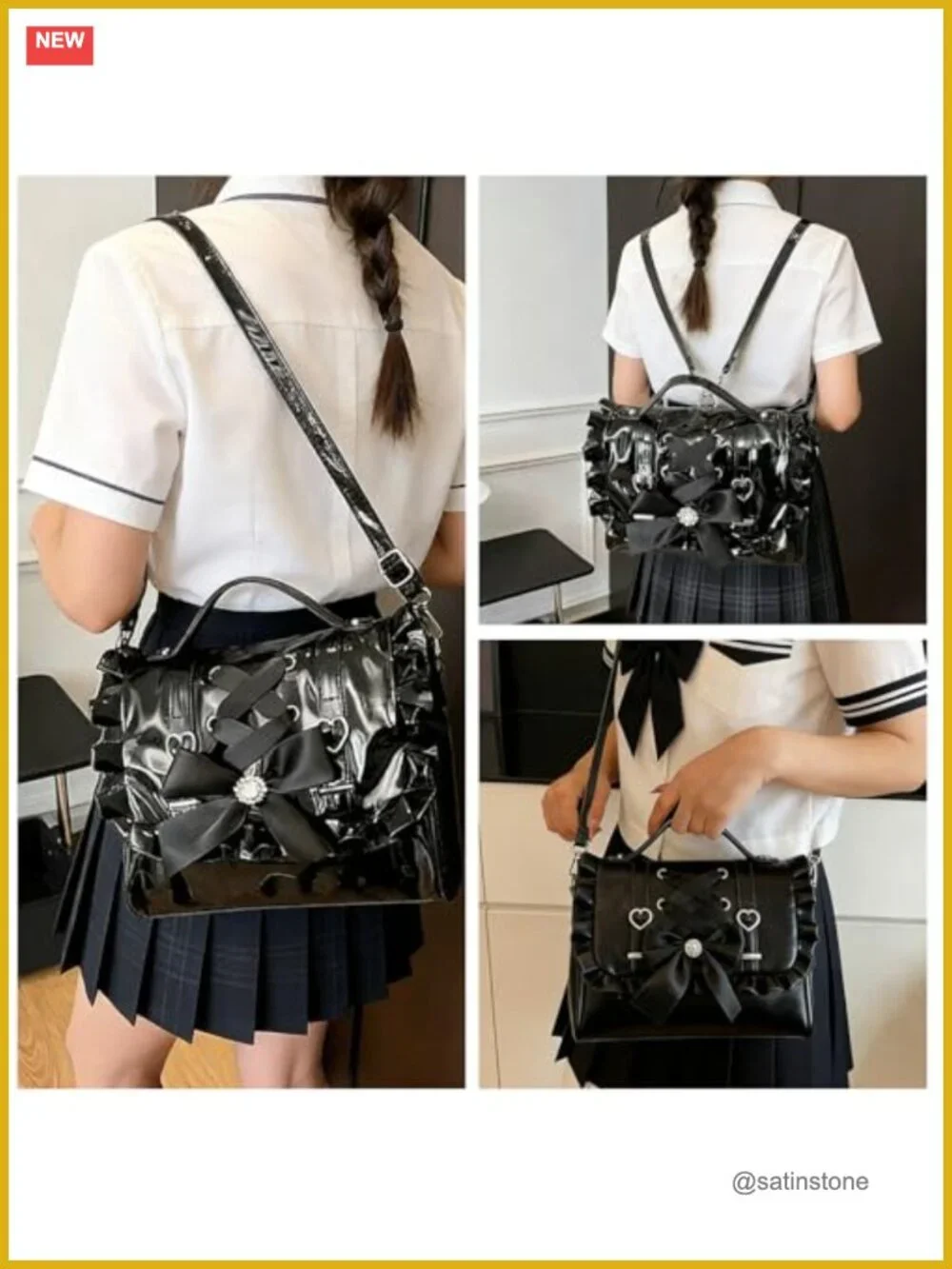 3-Way Convertible Gothic Lolita Backpack - PU Leather Satchel Crossbody Bag